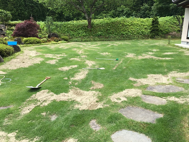 芝の目土・川砂を入れてる写真